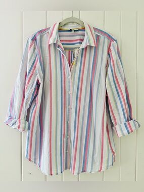 Joules Vertical Multi-stripe Button-Down Lightweight Blouse, Sz 10 (P2P 22.5”)